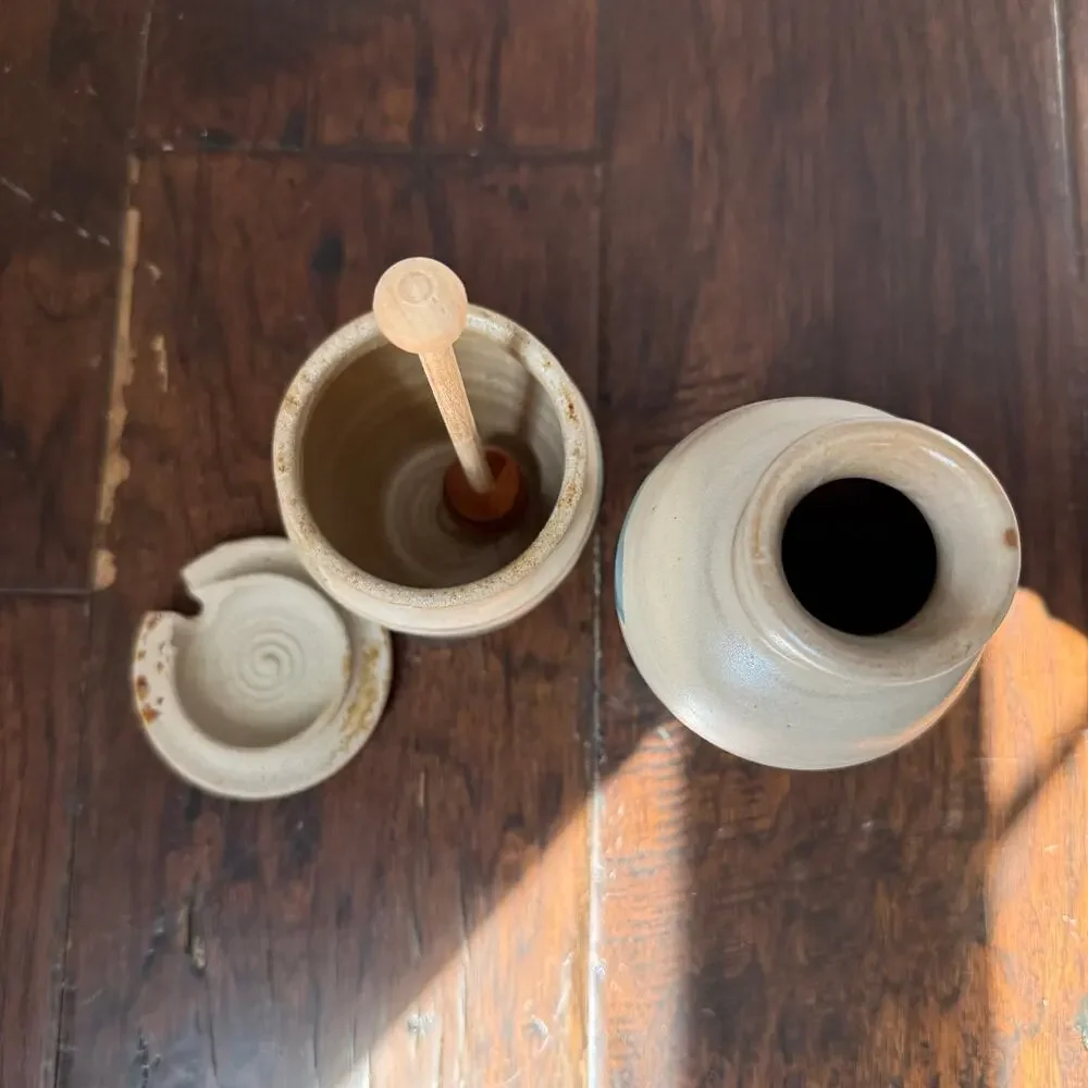Handmade Ceramic Honey Pot Vase Set Blue Beige Brown Earthy Pottery Decor